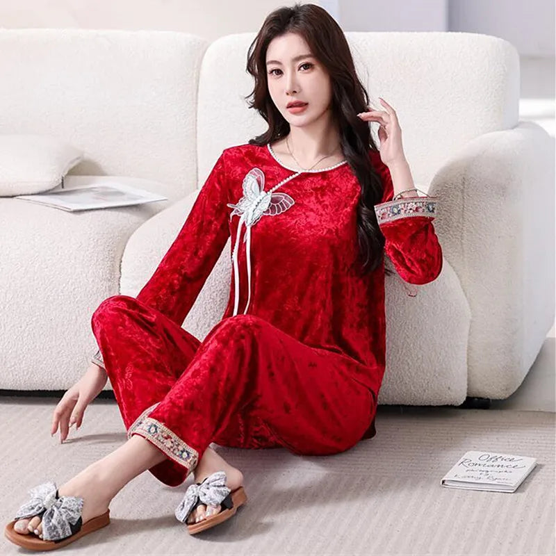 Spring Autumn Gold Velvet 2PCS Pajamas Set Sleepwear Women Long Sleeve Trouser Suits Casual Velour Homewear Plus Size XL-6XL