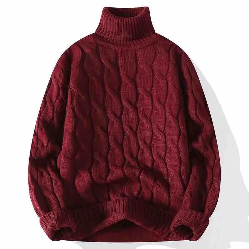 2026 New Men's Long-Sleeve Turtleneck Sweater Spiral Pattern Decorated Pullover Available in Red, Black, White, Gray, and Navy.