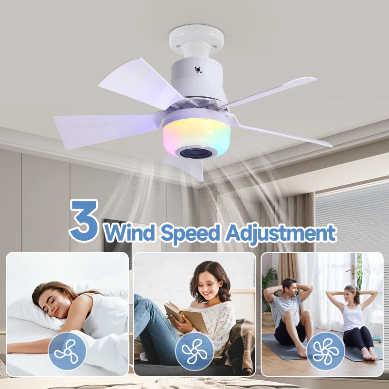 4 in 1 RGB Intelligent E27 Ceiling Fan Light 3-Speed Remote Control 5-Speed Fan with Speaker Dimming Mode for Bar Home Party