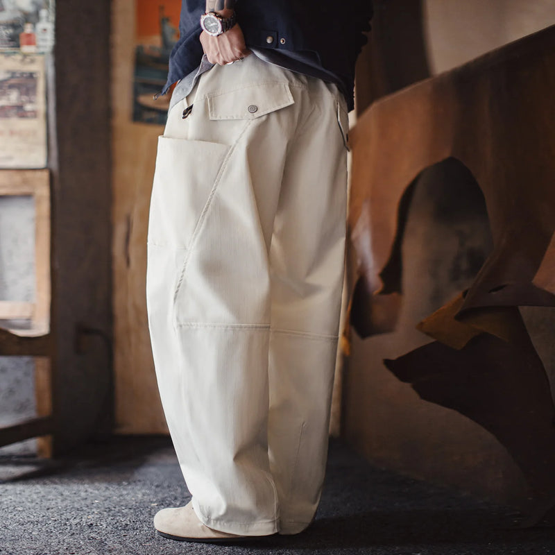 Maden Men‘s Vintage Patchwork Pants White Wide Leg Trousers Drawstring Elastic Waist Loose Fit Casual Pants for Spring Autumn