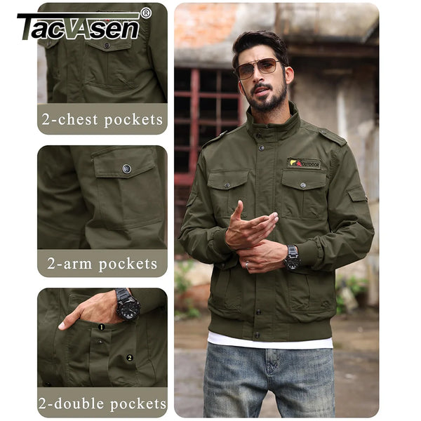 TACVASEN Retro Cargo Jacket Mens Full Zip Stand Collar Casual Cotton Jackets Spring Autumn Lightweight Working Jacket Outwear