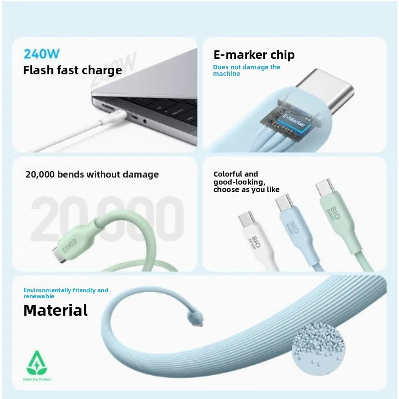ខ្សែសាកទិន្នន័យ ANKER USB C ទៅ USB C 5A 240W PD ខ្សែសាកលឿនមិនប៉ះពាល់ដល់បរិស្ថាន សម្រាប់ iPhone16 MacBook iPad