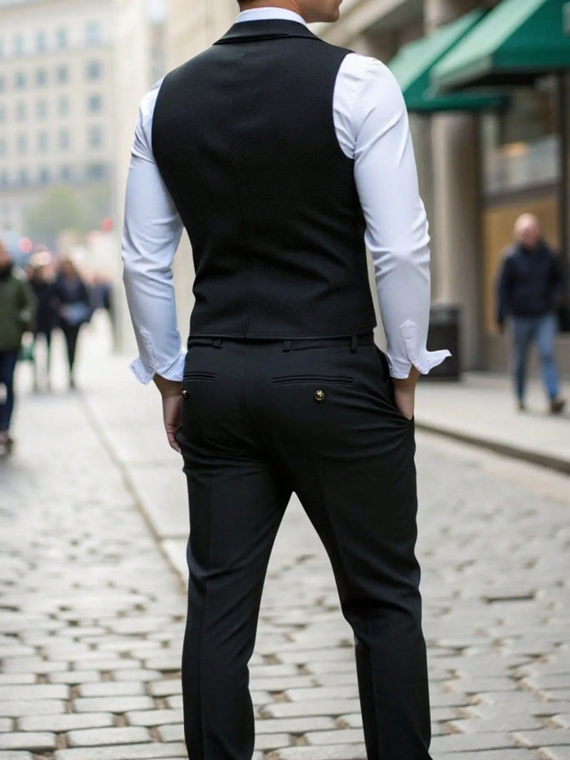2026 Black Double-breasted Men's Suit Vests, Brown V-neck Sleeveless Vest Jacket, Dark Blue Business Casual Waistcoat.