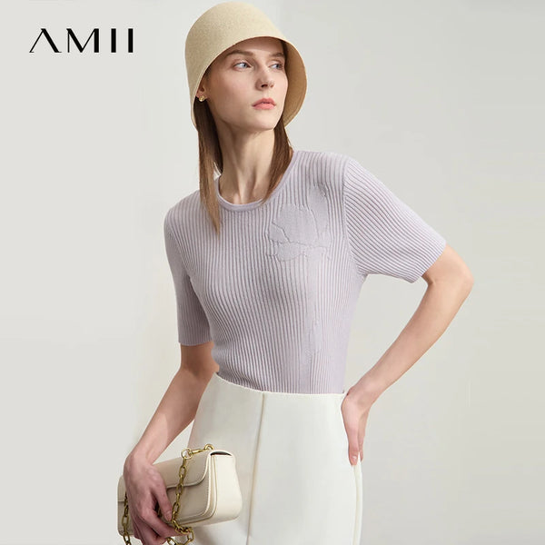 អាវយឺត AMII Minimalism Office Lady ឆ្នាំ ២០២៦ រដូវក្តៅសម្រាប់ស្ត្រី អាវយឺតដៃខ្លី O-Neck ម៉ូតស្តើង អាវយឺតប៉ាក់ទាន់សម័យ 12552057