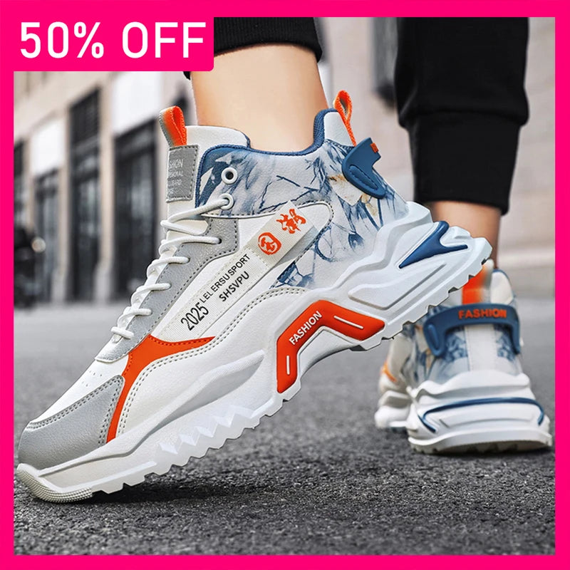 Men Sneakers Fashion Leather Breathable Wear-resistant Outdoor Fitness Shoes Thick Soled Non Slip Comfort Casual Running Shoes