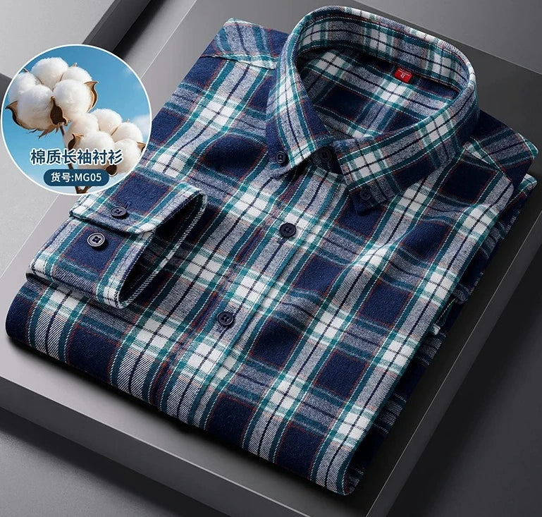 Men's Long-sleeve Shirt for Spring and Fall; Cotton-polyester Blend, Single-breasted, Notched-collar Striped Shirts.