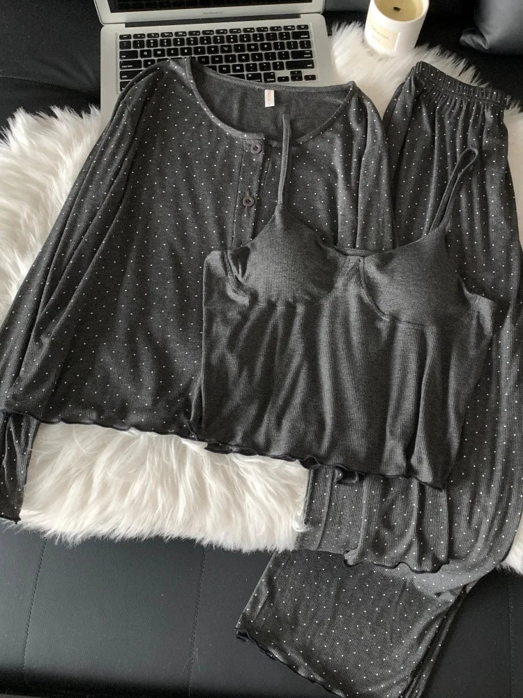 Women’s Loungewear Chest Pads Pajamas Nightwear for Woman Spring Autumn 3 Pieces Pyjama Female Clothing Comfort for Homewear