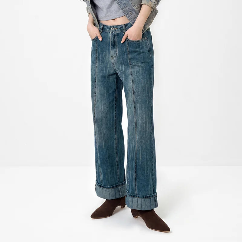 Semir Women Jeans Cuffed Split Wide Leg Loose Long Leg Look 2026 Autumn Street Style Soft Casual Denim Pants Daily Wear