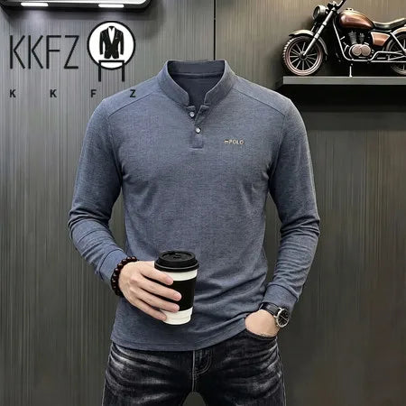 Breathable Vertical Texture Henley Pullover Men Long Sleeve Mandarin Collar Two Button Front Versatile Everyday Garment