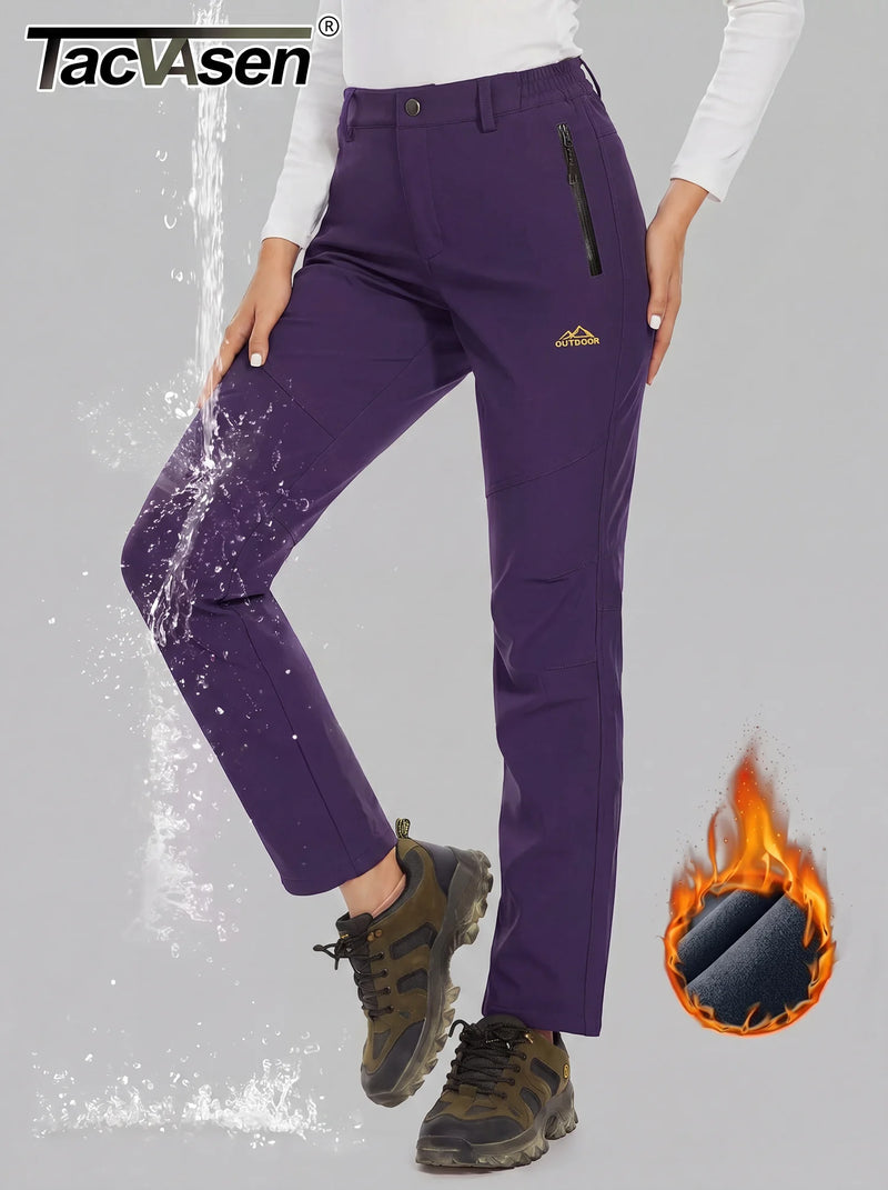 TACVASEN Women's Winter Ski Snow Softshell Fleece Lining Pants Hiking Trekking Mountain Trousers Cargo Warm Work Zipper Pockets