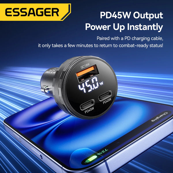 ឆ្នាំងសាករថយន្ត Essager 108W 3 រន្ធ USB ឌីជីថល PD3.0 សាកថ្មលឿន Quick Charge 3.0 Adapter សម្រាប់ iPhone 16 15 Xiaomi Samsung
