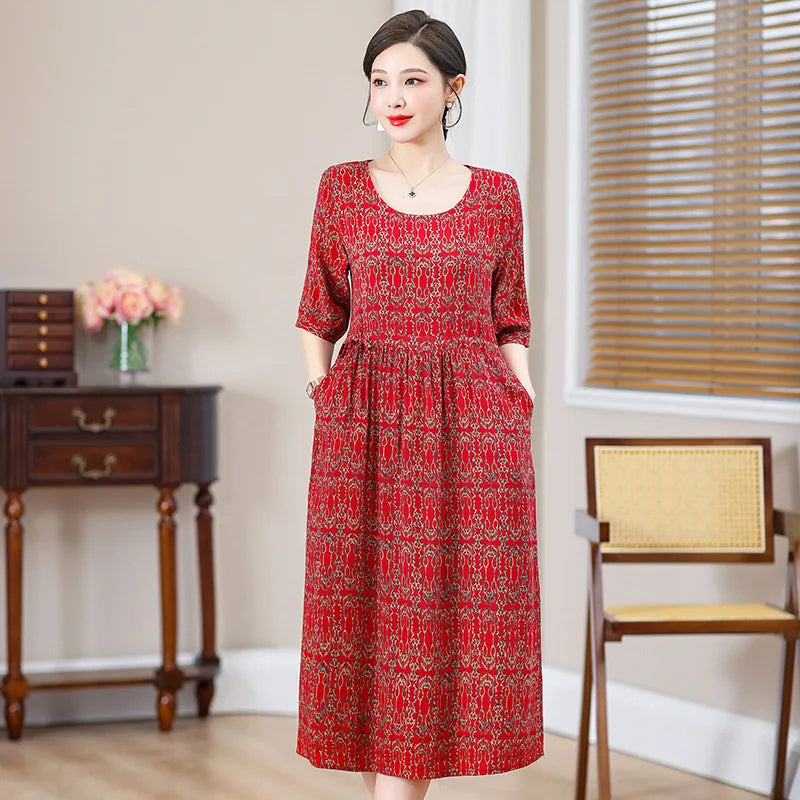 XL-5XL អាវយឺតកប្បាសសម្រាប់ម្តាយវ័យកណ្តាល រចនាបថថ្មី រ៉ូបសម្រាប់គេងរដូវក្តៅសម្រាប់ស្ត្រី រ៉ូបគេងរលុង