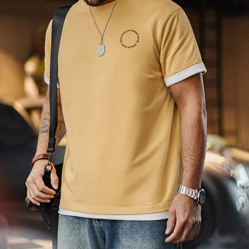 Maden Vintage Foam Print Short Sleeves T-Shirt Men's Summer Heavyweight Yellow Cotton Tee Loose Fit Crew Neck Casual Street Tops
