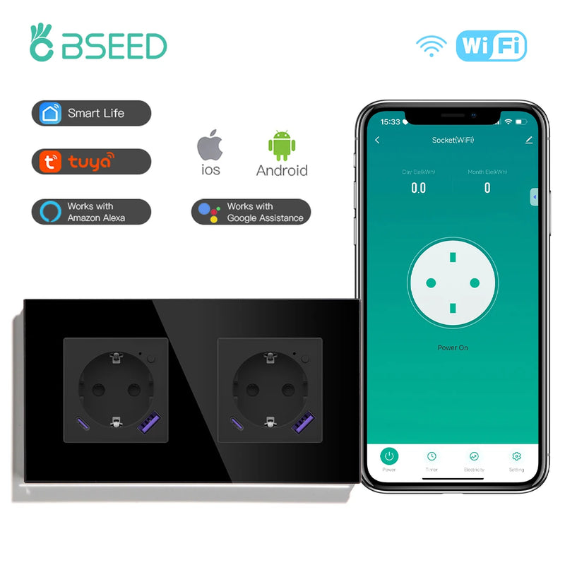 BSEED EU Standard Wifi Smart Socket With 20W USB Type-C Port Power Monitor Timing Function Tuya Alexa Smart Home Control 16A