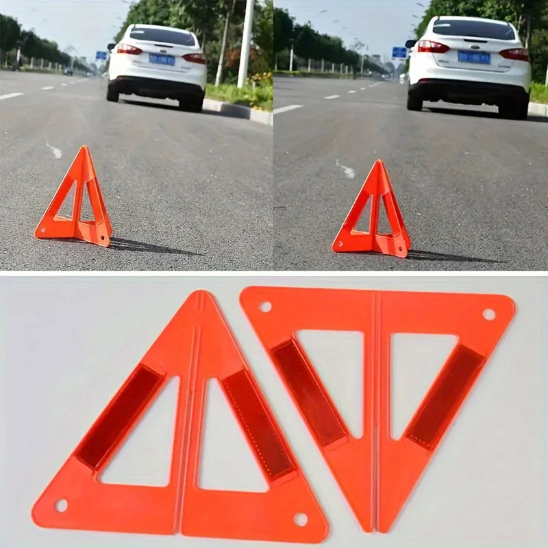 1set/2pcs High Visibility Reflective Warning Triangle.Car Emergency Safety Tool Durable Plastic Roadside Breakdown Warning Kit.