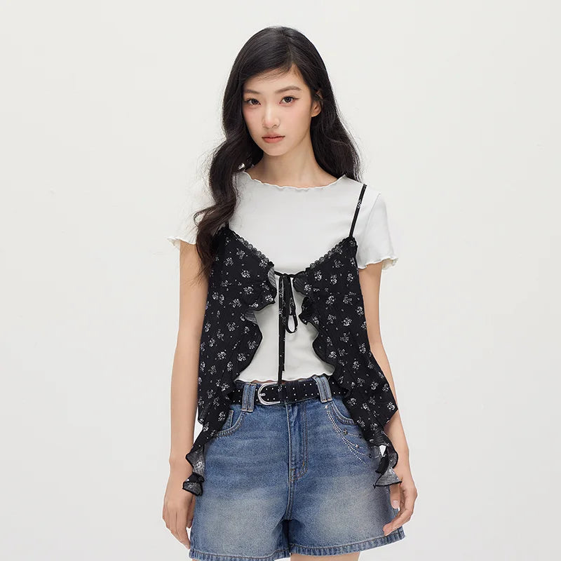 Semir Women Set Short Length Lace Tshirt Floral Textured Slip Vintage Sweet 2026 Summer Casual Fashion Top