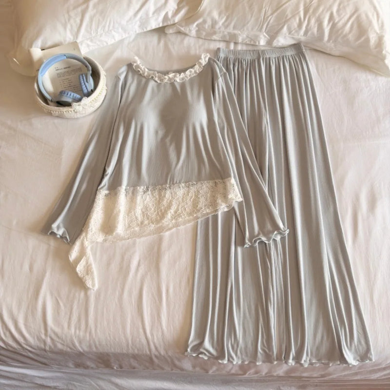 2 Piece Nighty Women's Pajamas Home Wear Chest Pads Pyjamas Autumn Long-Sleeve Top with Elastic Pants Nightwear Woman Sleepwear
