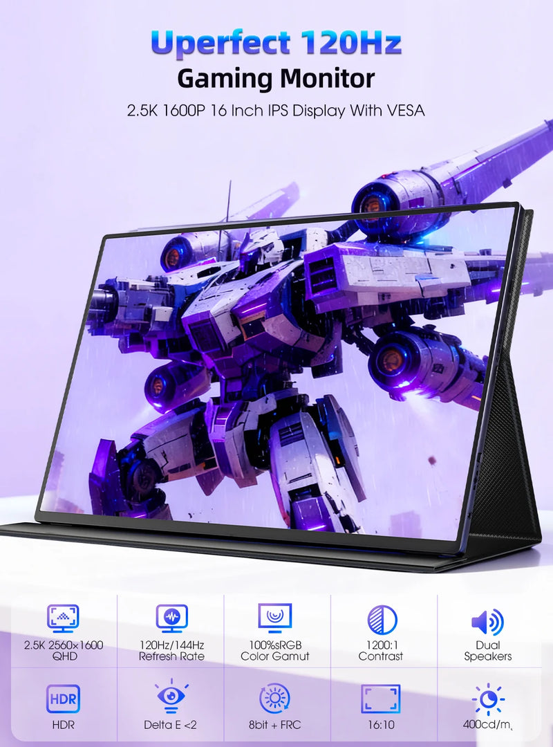 UPERFECT QLED 2.5K Portable Monitor Upgraded 16" 8 Bits Matte IPS HDR Eye Care Screen Gaming Laptop Display w/ HDMI Type-C VESA