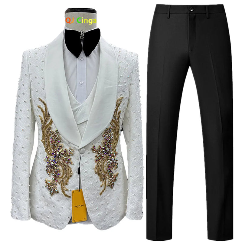 Men’s White Sequin & Crystal Embroidered Shawl Collar Blazer + Vest + Black Slim Fit Trousers - Dazzling Formal Suit Set