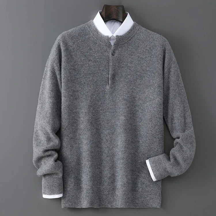 100% Wool Sweater, Round Neck Button Detail, Solid Jacquard Knit, Loose Fit Autumn Winter