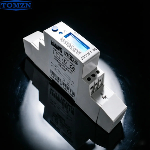 TOMZN Single-Phase DIN Rail kWh Energy Meter – 5(45)A, 45A, 220V–230V, 50/60Hz, LCD Display with Blue Backlight