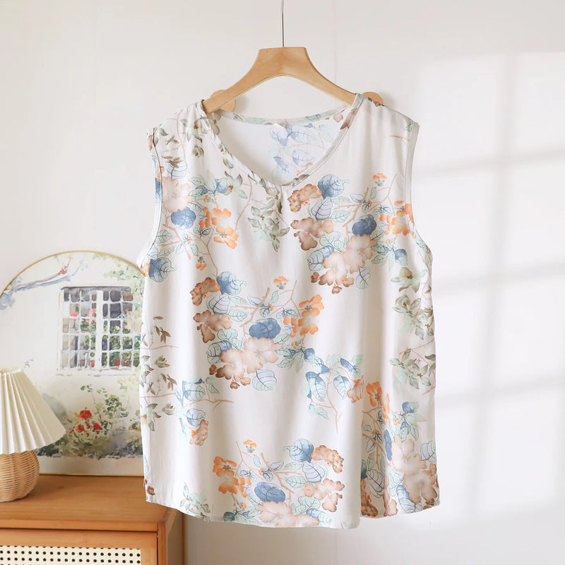 Summer Thin One Piece Pajamas for Women Tank Top Sleepwear Sleeping Wear New Floral Sleeveless V-neck Sleep Top Home Wear
