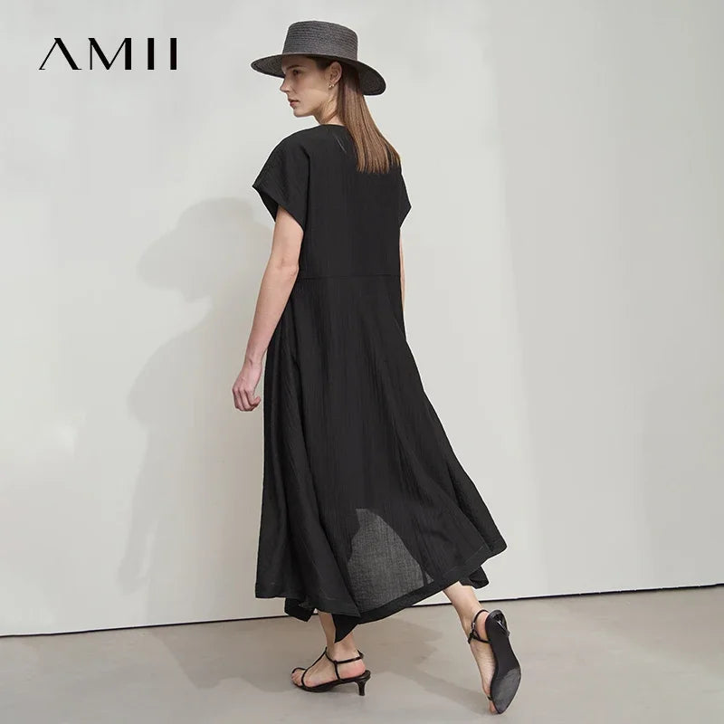 Amii Minimalist Women's Short Sleeved Dress 2026 Summer New Solid Irregular Loose Elegant H Shaped Commute Long Dress 12541134