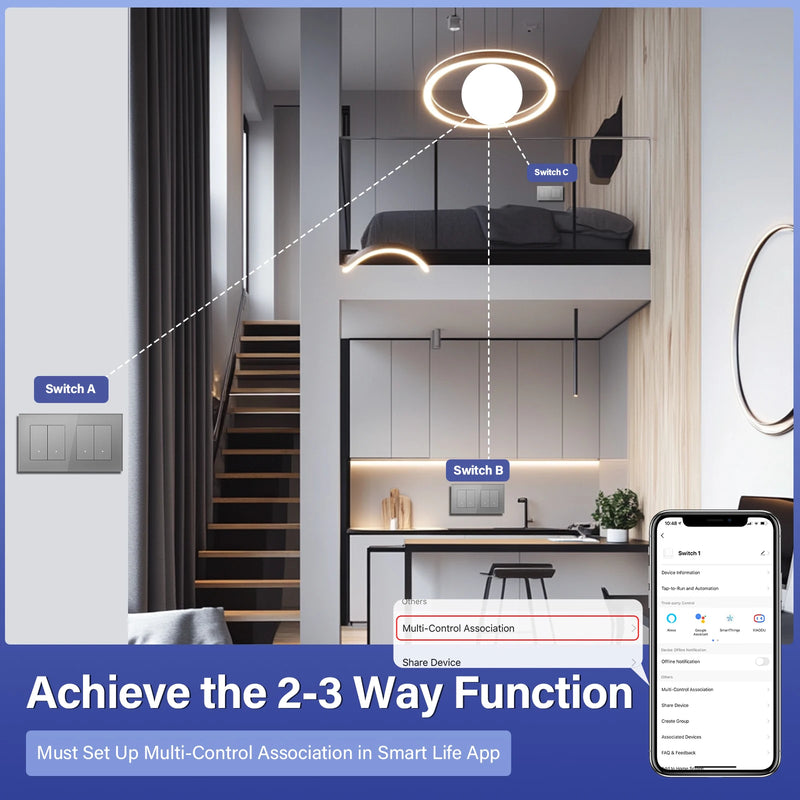 BSEED Zigbee Light Switch 1/2/3Gang 2Way Smart Click Button Switch Glass Panel White LED Indicator Tuya Smart Life Alexa Control