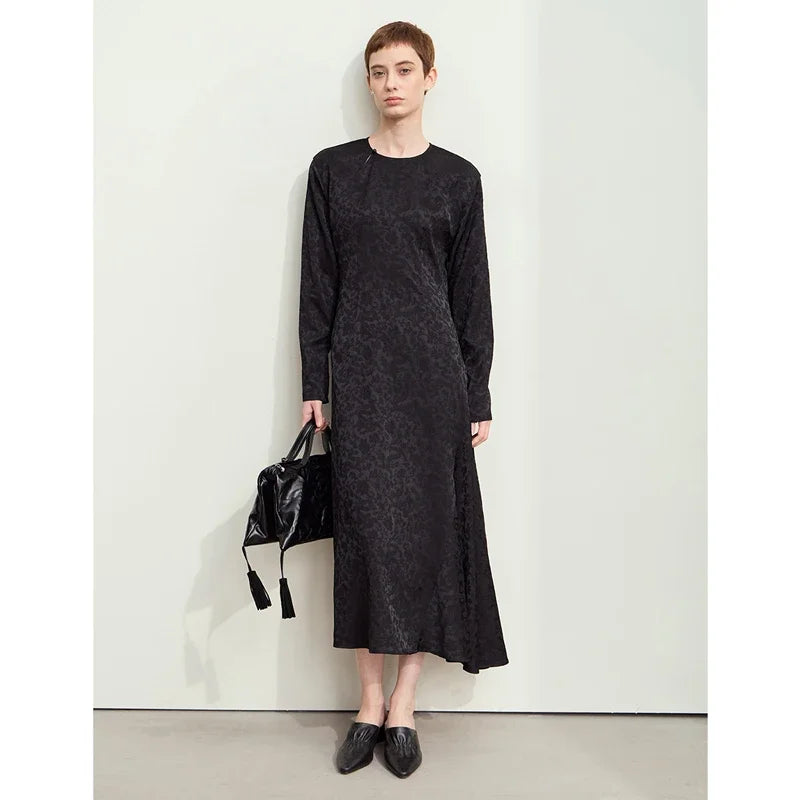 Amii Minimalism 2025 Women Dresses O-Neck Long Sleeve New Chinese Style Jacquard Retro Autumn Ankle-Length Female Dress 12443143
