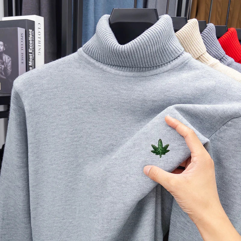 Designer Original Men's Long-Sleeved High Neck Knitwear Leaf Embroidery Pullover Fashionable Autumn Winter Daily Wear Versatile