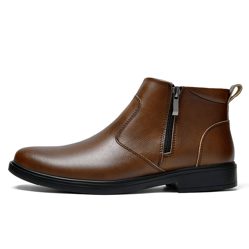 Men's Chelsea Ankle Boots Leather With Double Side Zippers "Plush" and "No Plush" two options