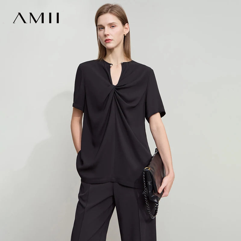 អាវធំ AMII Office Lady Solid សម្រាប់រដូវក្តៅថ្មីឆ្នាំ ២០២៥ កមូលដៃខ្លីរមួលមុខក្រោយអាវពីរទិសសម្រាប់ស្ត្រី 12522105