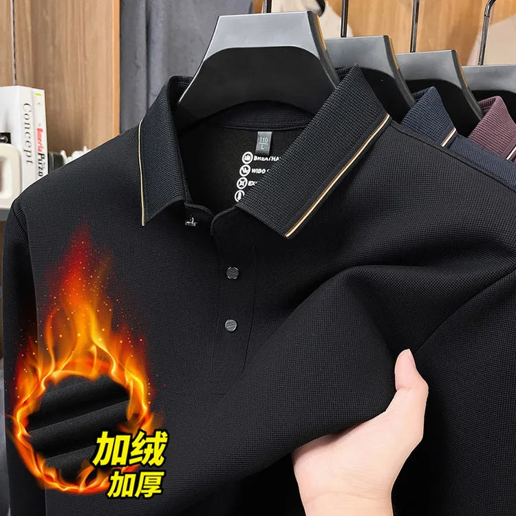 Men's Fleece-Lined Waffle Knit Polo, Vertical Stripe Collar Seamless Design, Anti-Wrinkle Technology