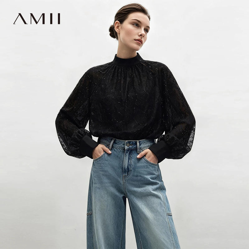 Amii Women Shirt Loose Fit Stand Collar Sequin Lace Raglan Sleeves Casual Office 2026 Autumn New Elegant Women Tops 12643029