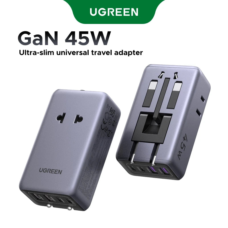 UGREEN GaN 45W Universal Travel Adapter Worldwide With 2 Type-C 2 USB Ports Outlet Fast Charging Socket Adapter EU/US/UK/AU Plug