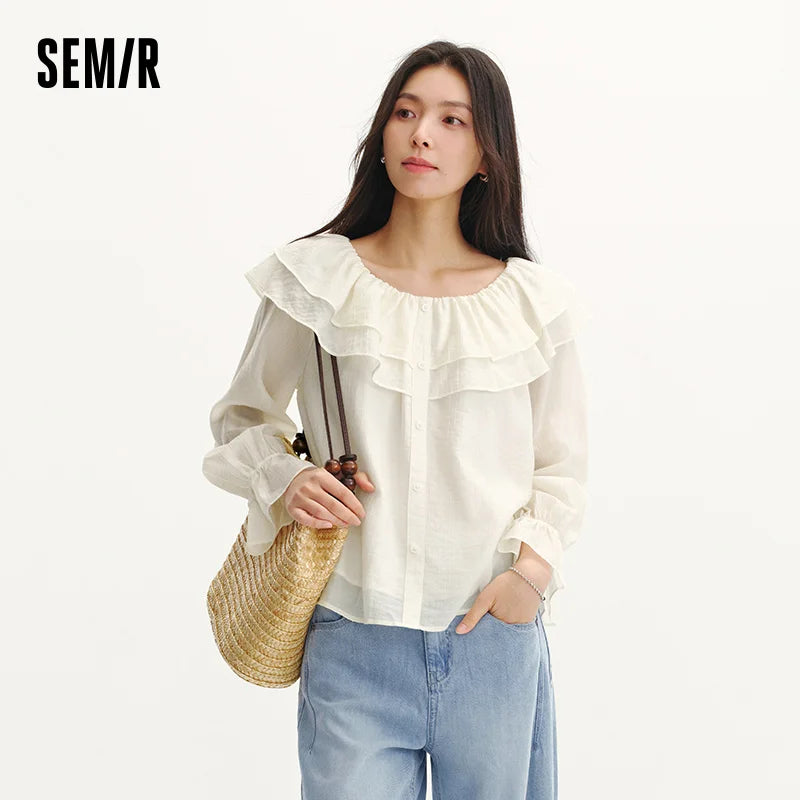 Semir Women Shirt Ruffle Lantern Sleeve Textured Petite Sweet French Style 2026 Summer Casual Fashion Versatile Top