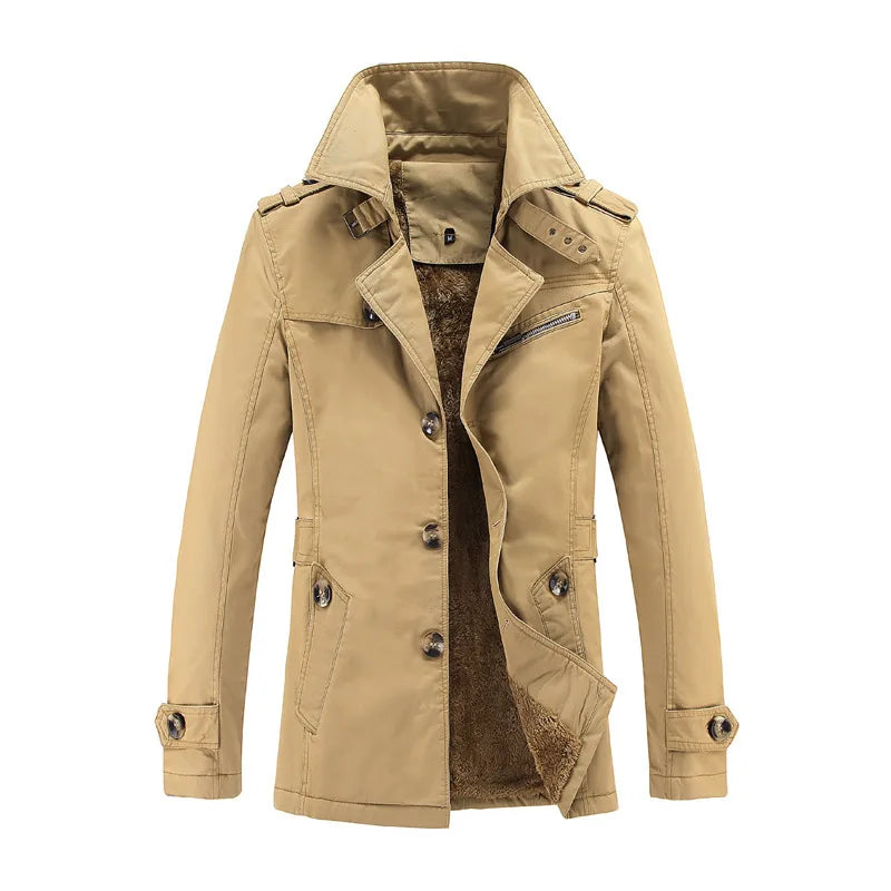 2026 New Men's Khaki Long-Sleeve Jacket, Green Single-Breasted Lapel Coat, Black or Blue Overcoat Available.