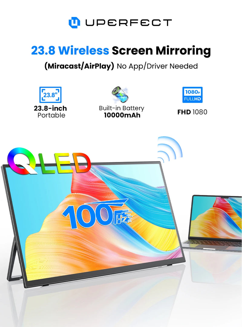 ម៉ូនីទ័រឥតខ្សែ UPERFECT ទំហំ 23.8 អ៊ីញ 100Hz មានថ្ម 10000mAh ភ្ជាប់មកជាមួយ អេក្រង់បង្ហាញចល័តសម្រាប់កុំព្យូទ័រយួរដៃធ្វើដំណើរ អេក្រង់ខាងក្រៅសម្រាប់ទូរស័ព្ទ Mac PC