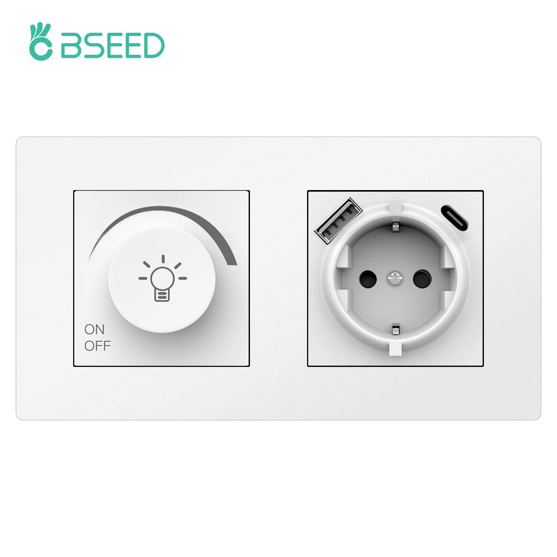 BSEED Dimmer Light Switch Rotary Knob Switch With Wall Socket USB Type-C Outlets Switch ON OFF Frame 220V