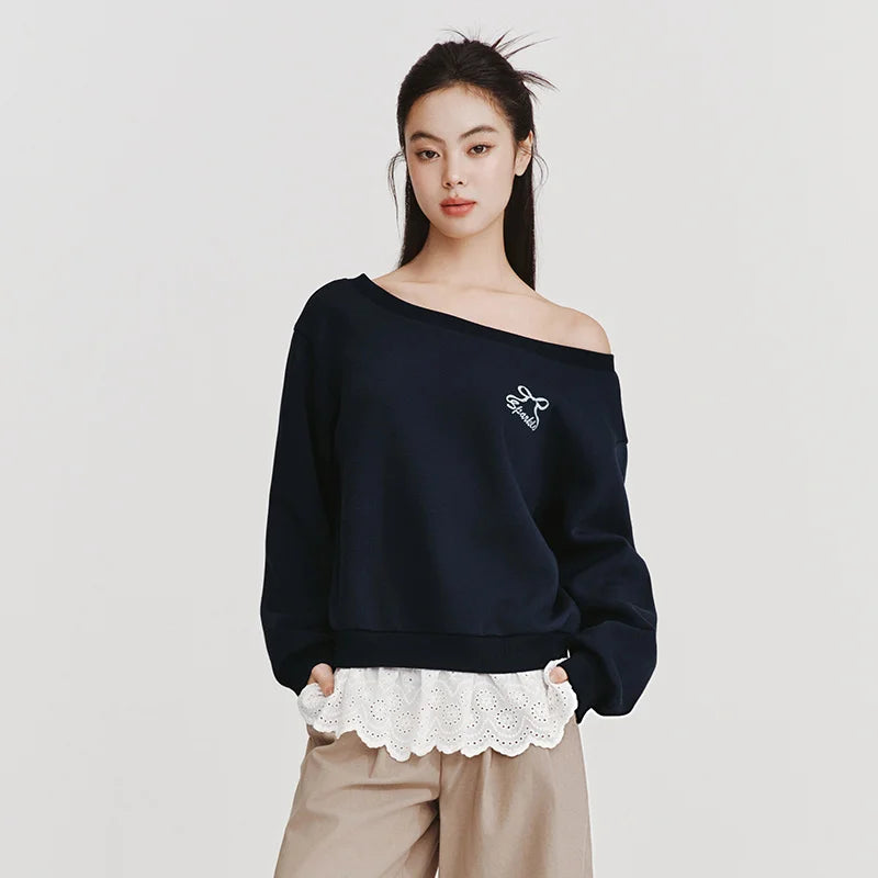 Semir Women Hoodie 2026 New Red One Shoulder Fake Two Piece Sexy Smart Casual Style Spring Holiday Tops