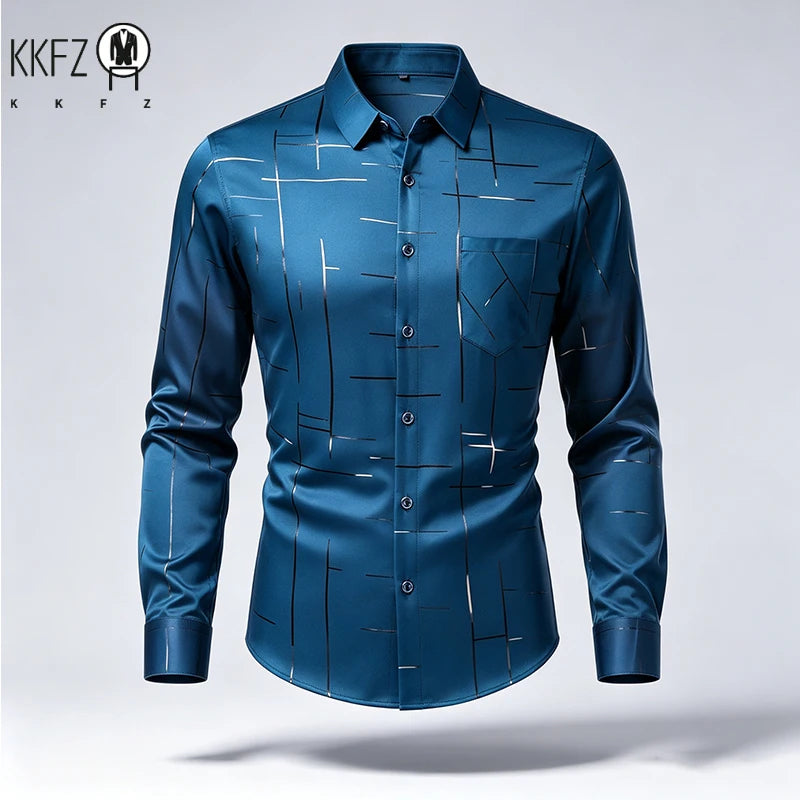 Male Spring Autumn Long Sleeve Shirts Lapel Style Wrinkle Free Fabric Geometric Line Print Chest Pocket Button Shirts