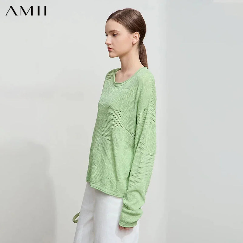 Amii 2026 Minimalist Autumn Round Neck Shoulder Sleeves Hollow Knitted Sweater Hole Picking Jacquard Craft Loose Top 12541142