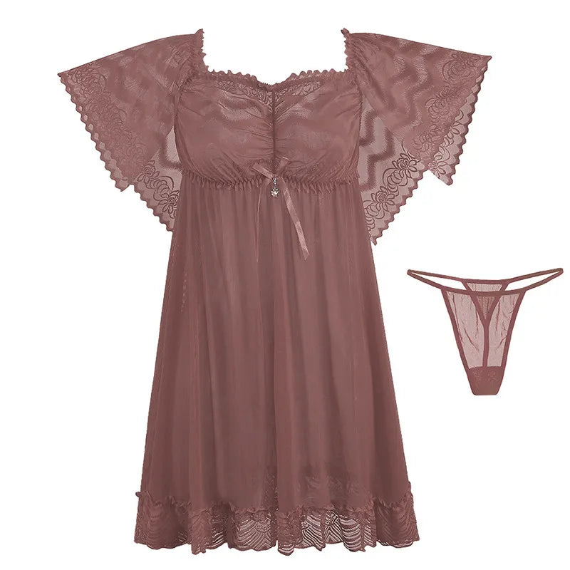 Fashion New Nightgowns For Women Sexy Lace Sleepwear Short Dress  Short-Sleeve Night Wear Plus Size Ladies Nightshirt M-3XL