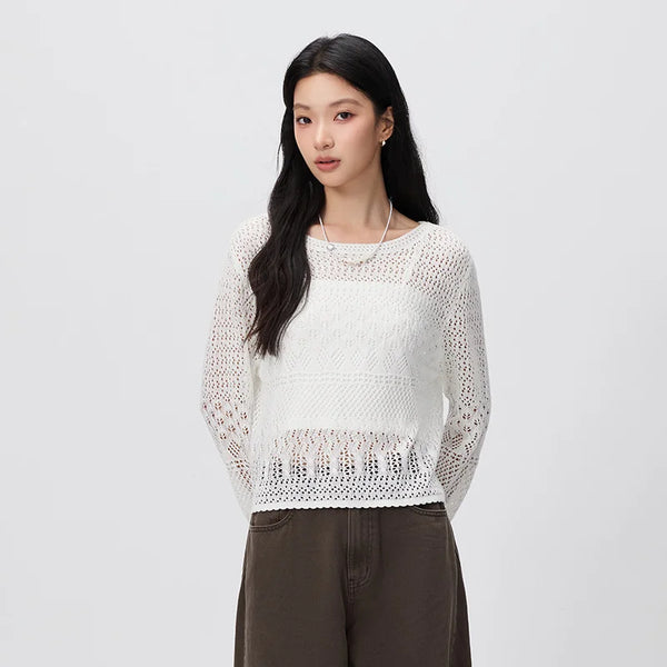 អាវយឺត Semir សម្រាប់នារី ខ្លី ពណ៌ស រលុង ប៉ាក់ពីរដុំ ឆើតឆាយ ធម្មតា ស្លៀកពាក់តាមដងផ្លូវ រដូវស្លឹកឈើជ្រុះ ឆ្នាំ២០២៦
