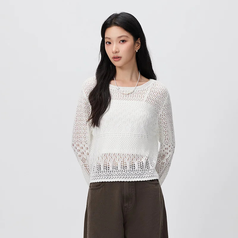 Semir Women Sweater Short Cami Hollow Out White Loose Knit Two Piece Elegant Casual Autumn Top Street Wear 2026