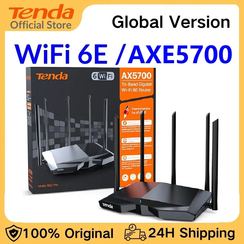 រ៉ោតទ័រ Tenda AXE5700 Wi-Fi 6E RX27 Pro Tri-Band Gigabit Wifi Mesh Router ឥតខ្សែ គ្របដណ្តប់ធំទូលាយ កម្រិត 6GHz ថ្មី រហូតដល់ 200 ឧបករណ៍