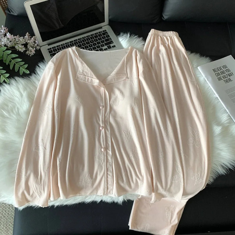 Women's Pajamas Set 2 Piece Chest Pads Sleepwear Casual Loungewear for Spring Autumn Long Sleeve Soft Home Wear Pyjama Femme
