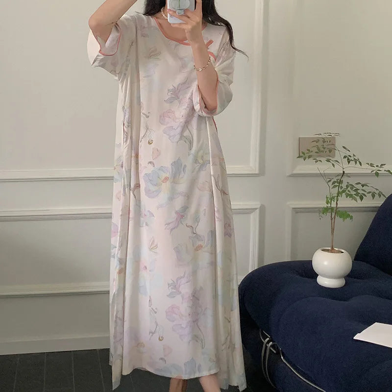 Half Sleeve Length Sleep Shirts For Women Printed Cotton Nightgowns Vintage Slim Ladies Sleepwear Dress Home Wear Nightshirt