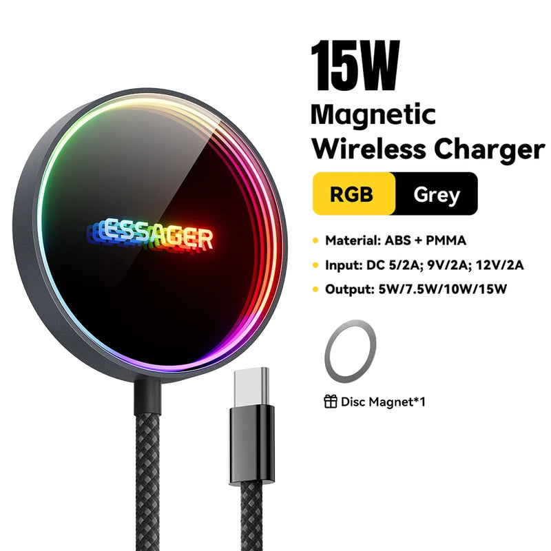 ឆ្នាំងសាកឥតខ្សែ ESSAGER 15W ម៉ាញេទិក RGB សាកថ្មទូរស័ព្ទលឿនសម្រាប់ iPhone 16 15 14 13 Pro សម្រាប់ Macsafe Phone Charging Dock