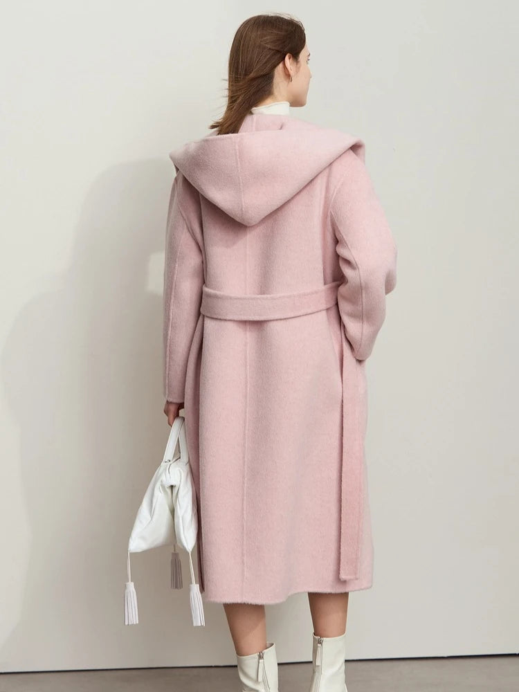 AMII Minimalist Women's Camel Wool Coat Female 2026 Warm Winter Coat Female Hooded Loose Elegant Long Jacket With Belt 12444125